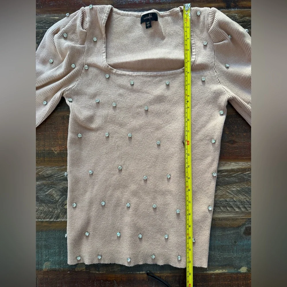 On Twelfth Women’s L Blush Beige / Taupe Rhinestone Ribbed Sweater | SKU 0163